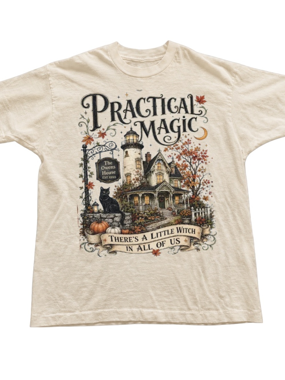 Off White Practical Magic Graphic Tee with Autumn House Illustration